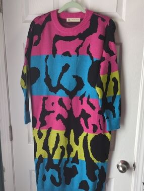 Bold Colorblock Animal Print Sweater Dress - Pink Blue Lime